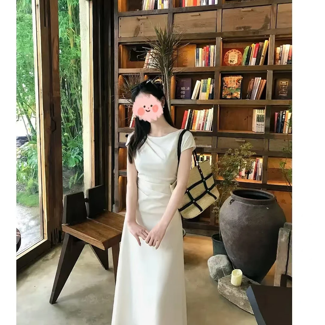 【清雅艺术生】气质知性简约斜肩连衣裙姐系显瘦慵懒长裙ZWY005