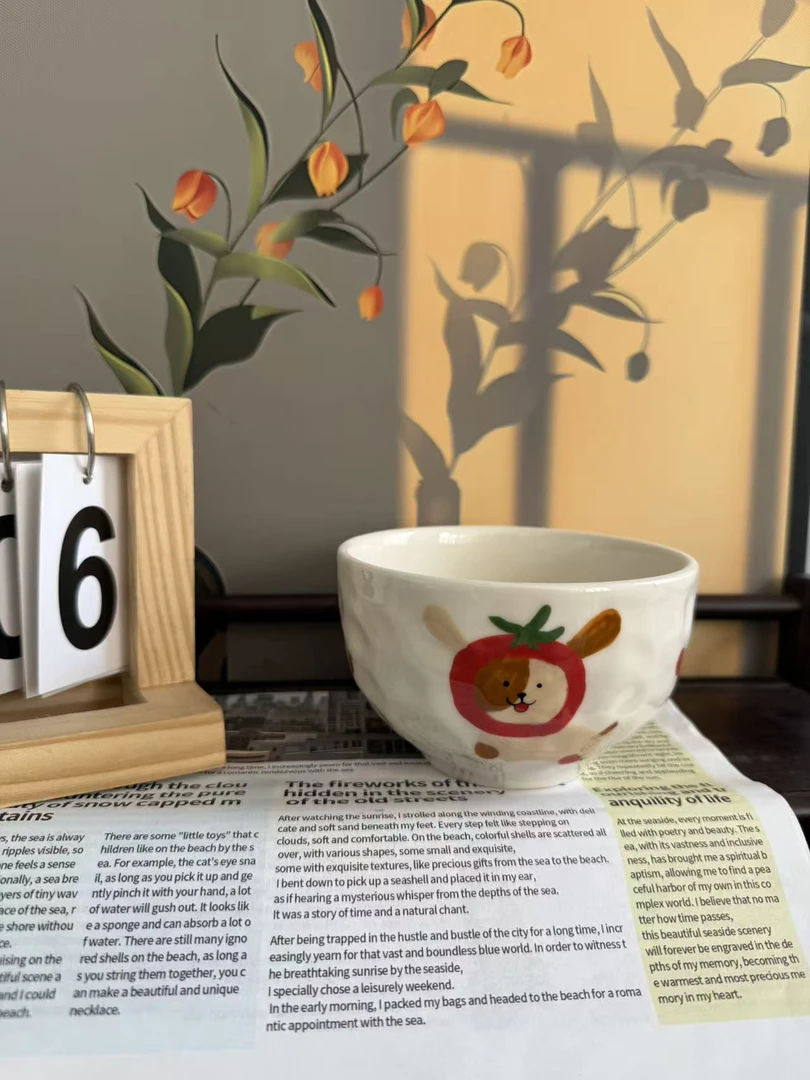 景德镇沁心高温釉下彩纯手绘创意瓷  西红柿小狗手捏碗