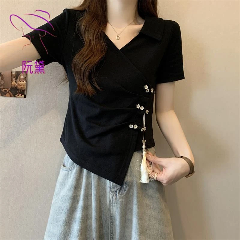 阮黛不规则v领正肩短袖t恤女夏季胖mm显瘦新中式国风盘扣短款上衣