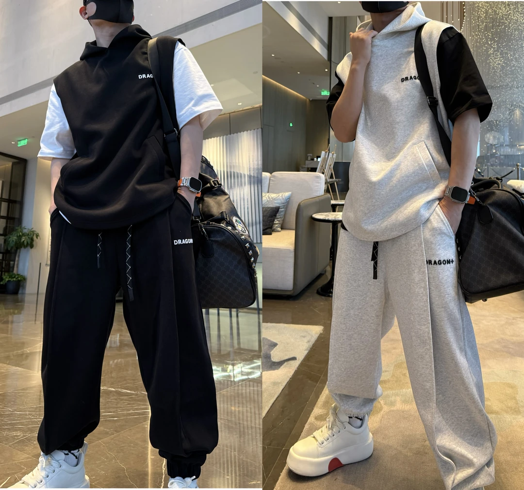 金先生早春款字母连帽无袖背心+简约百搭时尚束脚休闲裤