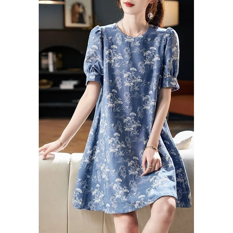 高端圆领泡泡袖印花短袖连衣裙2025夏气质国风字宽松中长休闲裙