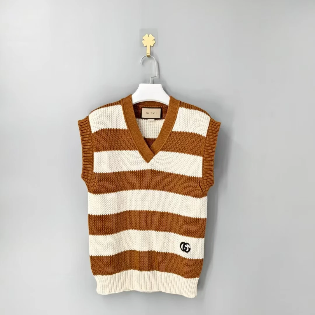 99新 GUCCI/古驰 条纹V领宽松套头直筒马甲 女款/XS码 13105861