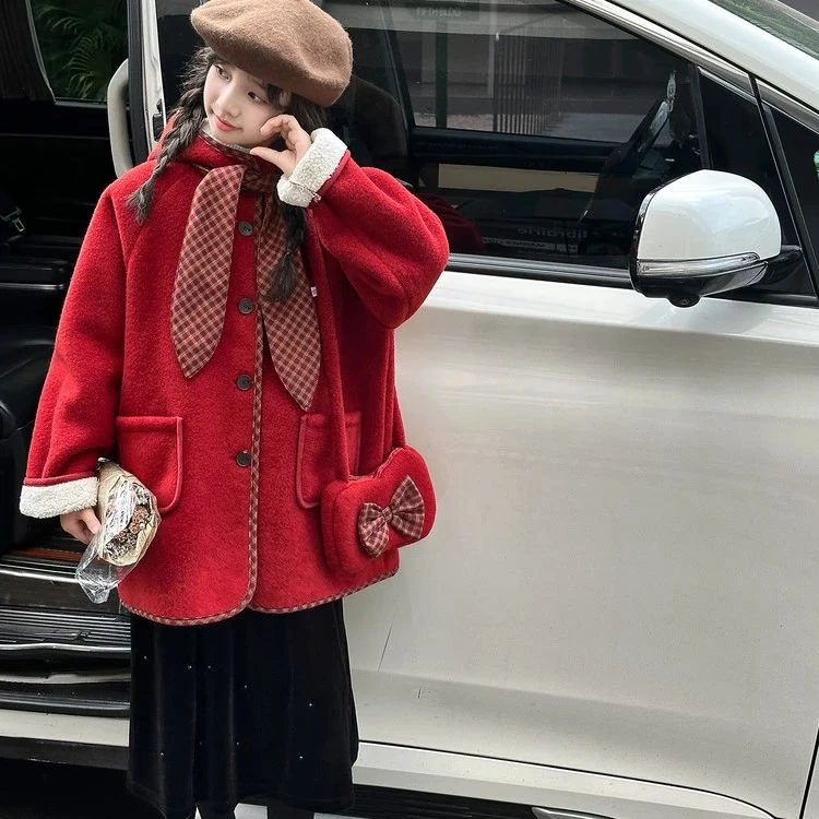 拜年服女童冬季儿童新年装大童加绒加厚大衣外套红色女孩过年衣服