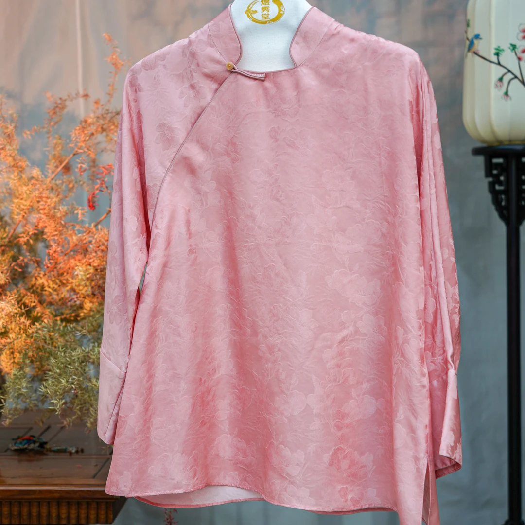 【煜秀堂】真丝炒色圆领长袖薄款提花上衣新中式复古茶服斜襟 换图