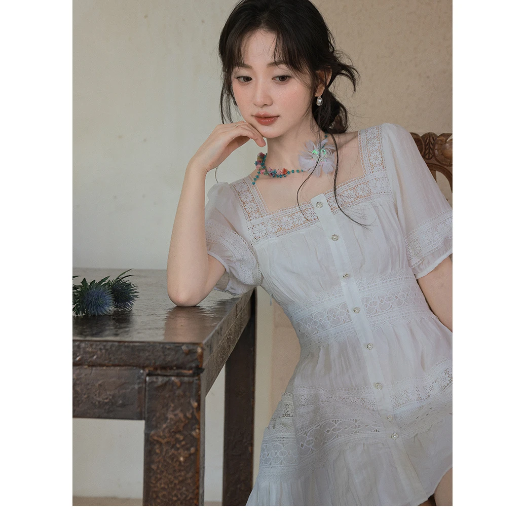 新品【月光红玫】法式蕾丝花边方领拼接连衣裙 白月光与朱砂痣~