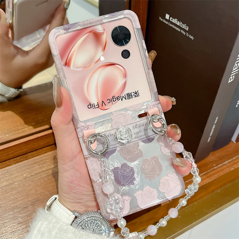 适用荣耀Magic V Flip手机壳玫瑰花Flip折叠屏双头手链女款保护套