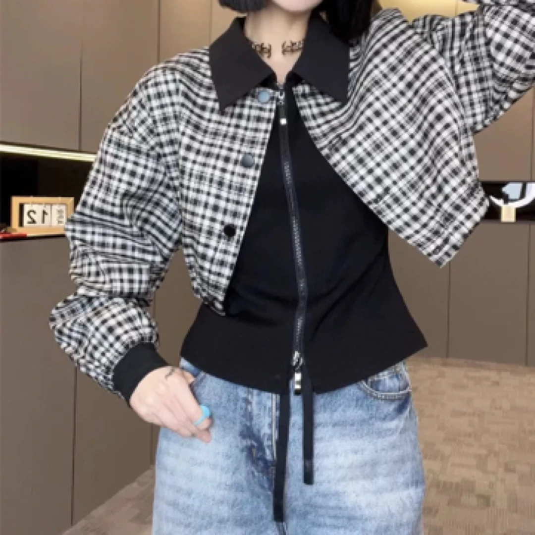 【大碗】纯色假两件外套长袖早春新款翻领拉链宽松短款上衣欧洲站