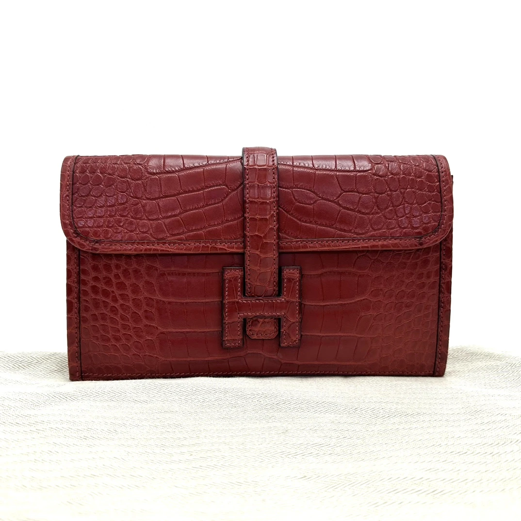 95新 Hermes/爱马仕 辣椒红雾面鳄鱼Jige Elan 手包 06911二手