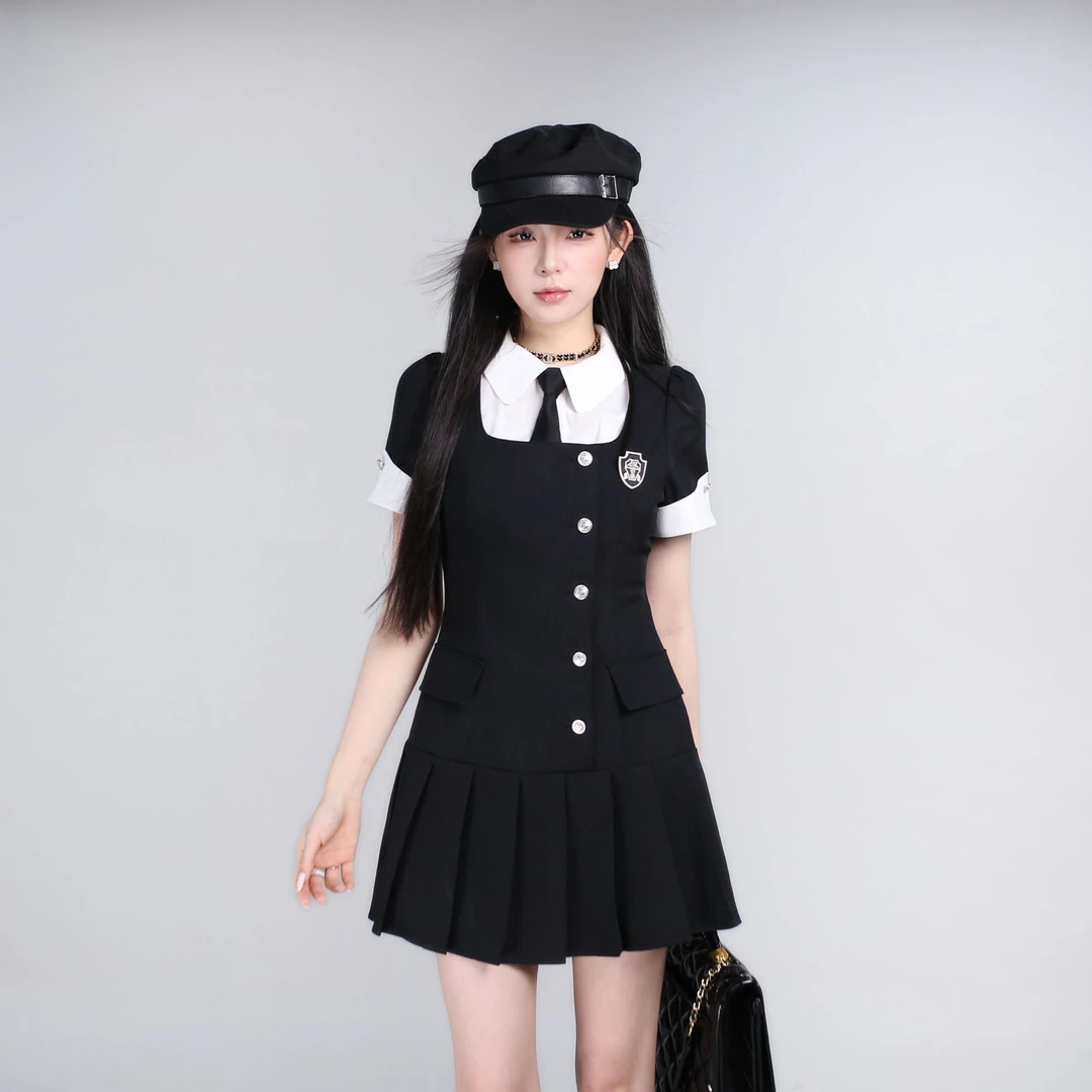 【夏装上新】夏季小众设计假两件衬衫拼接翻领单排扣显瘦女连衣裙