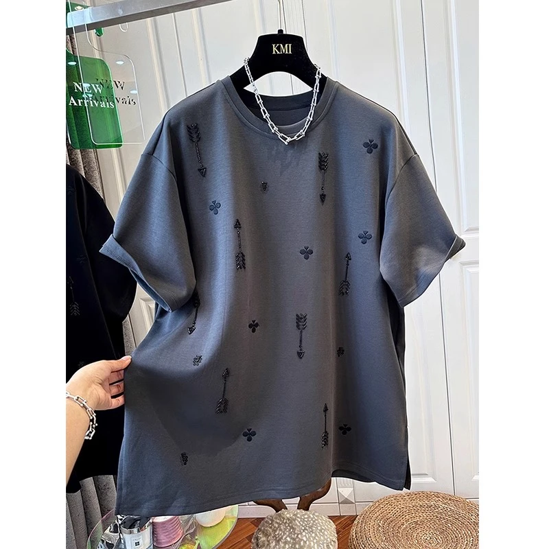 胖妹妹240斤大码高级感立体刺绣钉珠短袖上衣女夏季宽松显瘦T恤衫