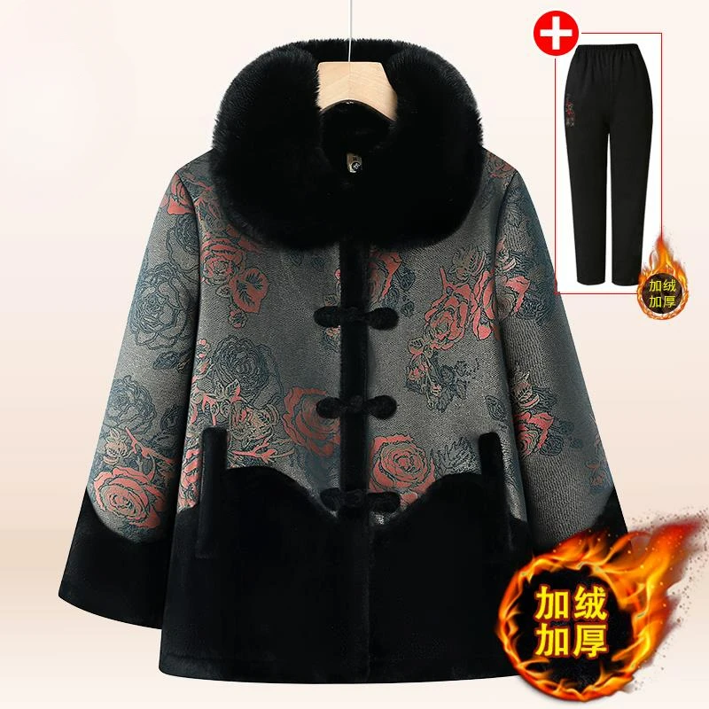 W奶奶冬装外套中老年人加绒加厚棉服大衣女妈妈中国风唐装棉袄