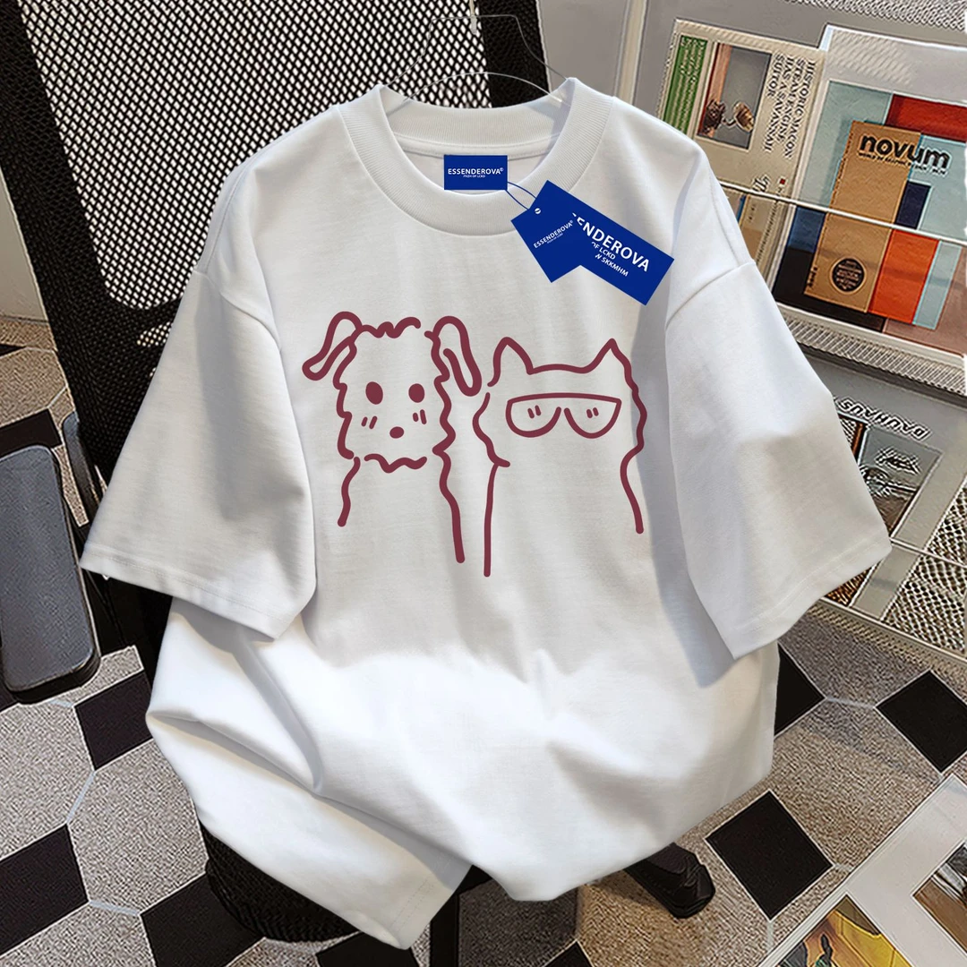 100%纯棉韩版ins狗狗印花女短袖潮牌t恤夏季复古高街百搭宽松上衣