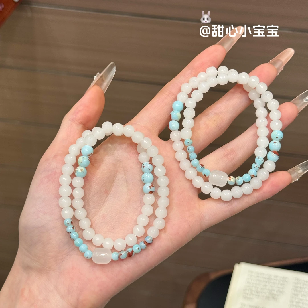 非金属玻璃手链 寿山石串珠手链复古日常百搭新中式双圈手串女