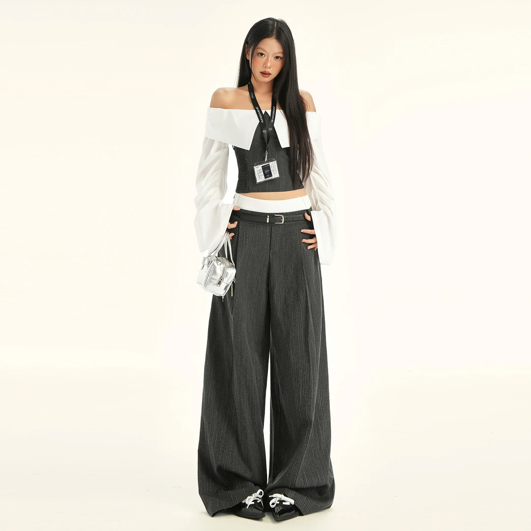 APS秋冬新款设计感一字领露肩收腰衬衫宽松休闲阔腿裤两件套