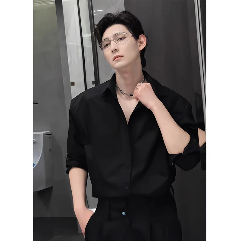 那不勒斯黑色长袖衬衫男高级感痞帅夏季薄款西装内搭冰丝垂感衬衣