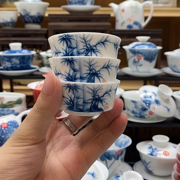 手绘竹节杯三个装 釉下彩高温瓷微瑕福利款