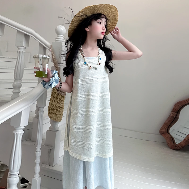 女童夏季度假风叠穿两件套2025新款女大童夏日波西米亚风连衣裙