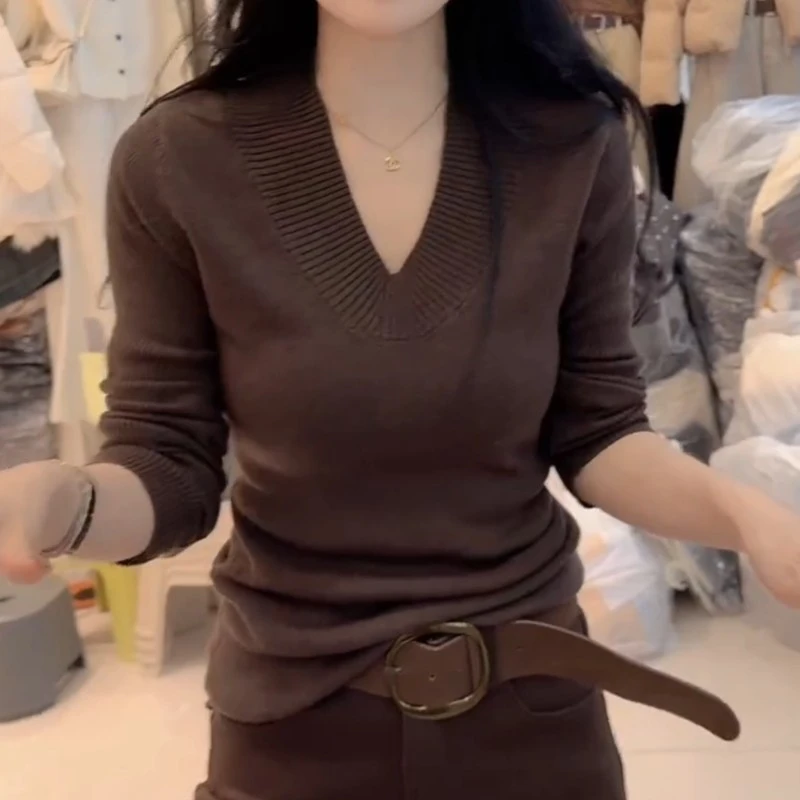 韩系绝美V领内搭打底针织衫女秋冬季新款修身毛衣设计感低领上衣
