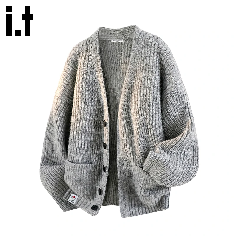 i.t:CHOCOOLATE浅灰色慵懒风开衫毛衣男秋冬季高级感宽松针织外套