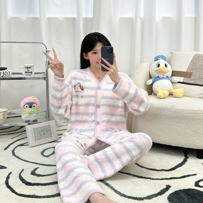 睡衣女士秋冬款冬季半边绒加绒加厚保暖珊瑚绒家居服条纹小狗套装