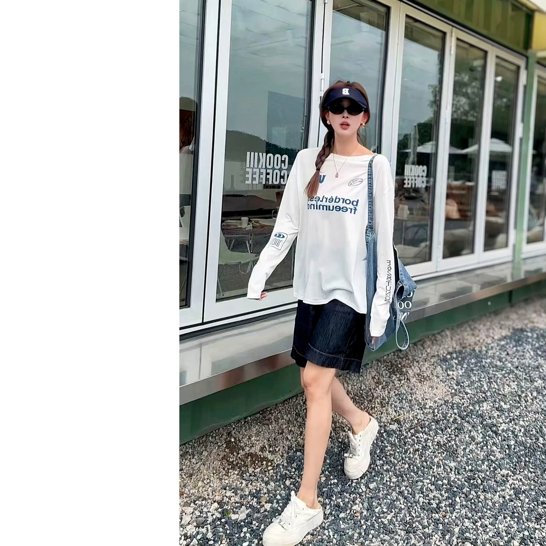 墨迹姐高个子微胖“字母美式”印花夏季圆领韩版字母长袖宽松T恤