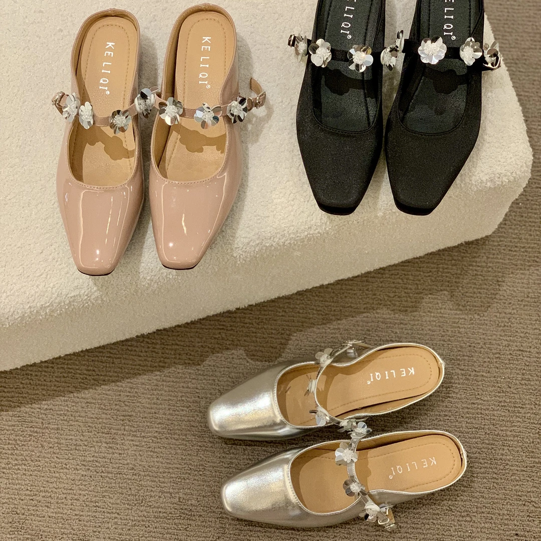 内增高气质银色包头半拖鞋女鞋子外穿2025夏季厚底玛丽珍凉拖单鞋