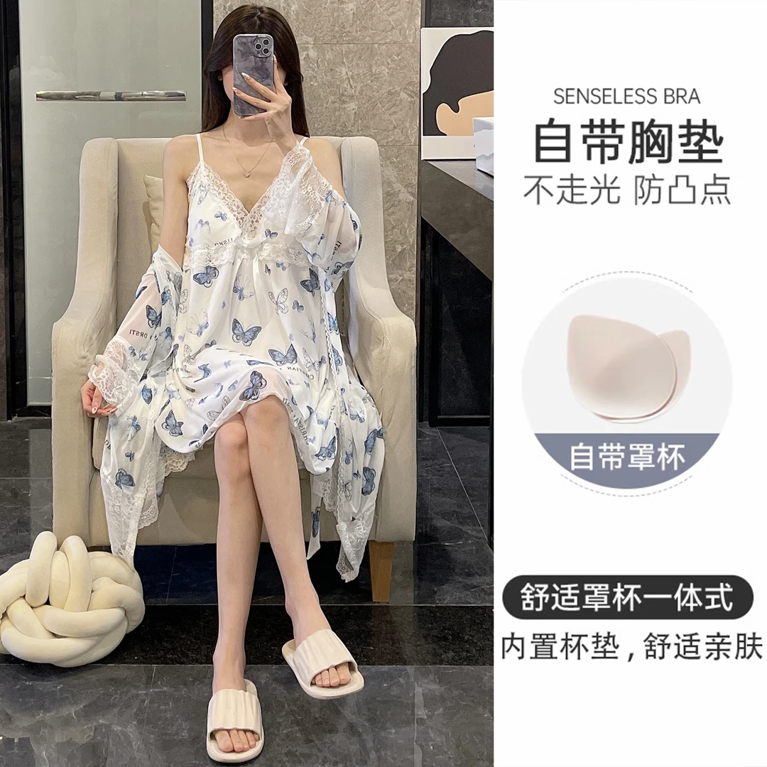 吊带睡裙女士夏季睡袍带胸垫网纱睡衣长袖浴袍大码蝴蝶家居服套装