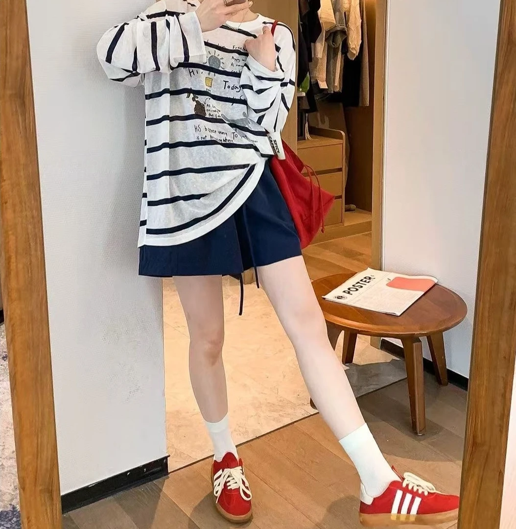 Manmi   条纹防晒T+麻料短裤套装  805（C4）