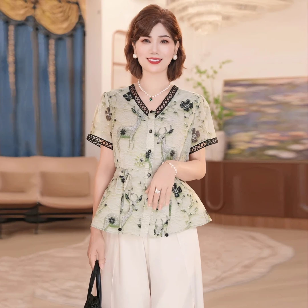 中年妈妈装V领短袖小衫女2025夏季新款宽松显瘦时尚减龄上衣套装