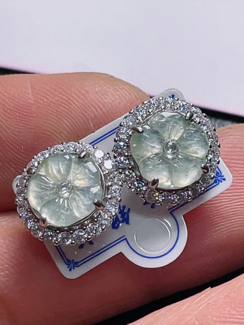 （缅甸天然翡翠A货）925银镶嵌冰种花开富贵耳坠，尺寸13.8-6.0