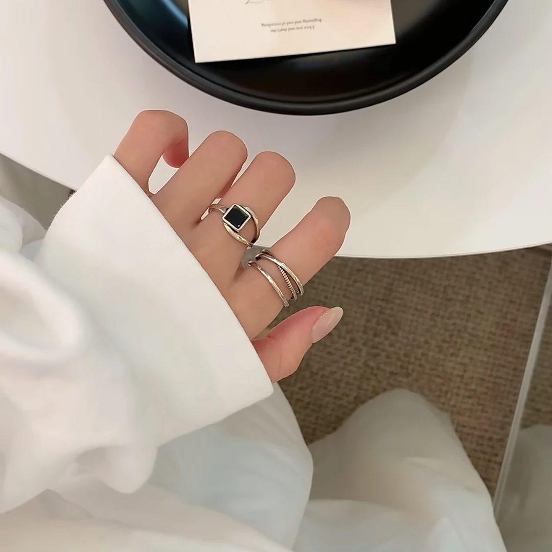 方形戒指女冷淡风原创设计复古日韩简约食指女指环时尚开口可调节