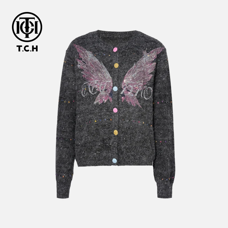 TCH私服秋季烫钻工艺休闲百搭翅膀针织开衫女T75C43E1019轻奢tch