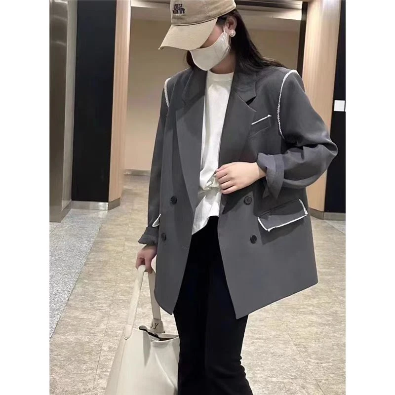 6706#高级感西装外套女春季新款毛边设计感小众休闲西服（约74）