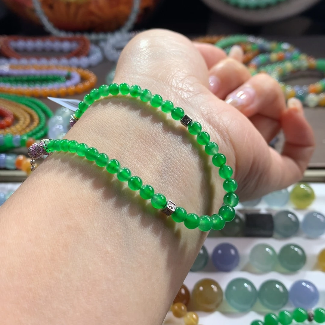 翡翠未镶嵌手链木那纯净冰阳绿半珠链卡3.3-4.8