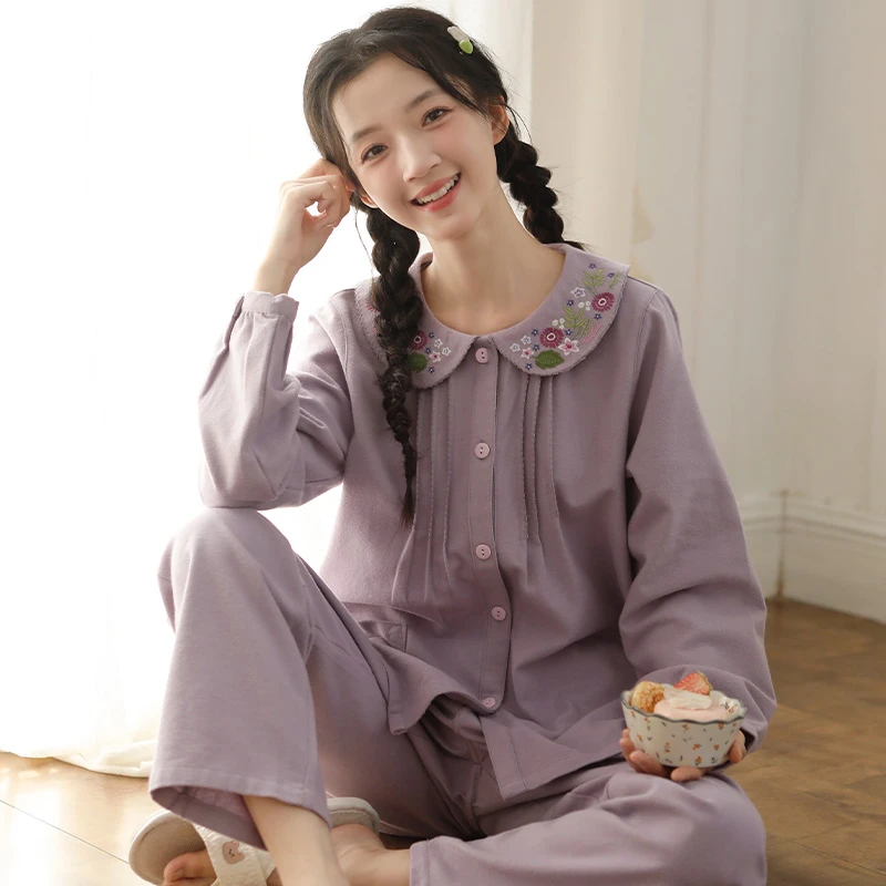 甜美刺绣女士睡衣秋冬新款高级感纯棉磨毛长袖休闲家居服可外穿