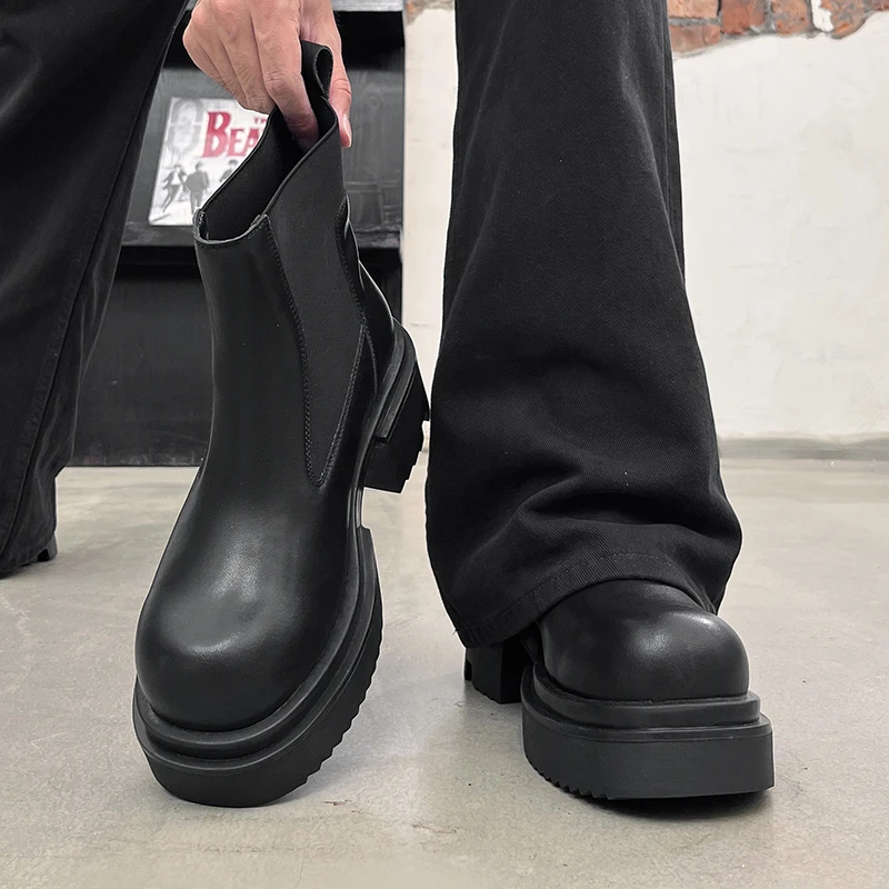 新款切尔西靴男厚底增高7cm烟筒靴高帮德比鞋男中帮工装马丁靴男