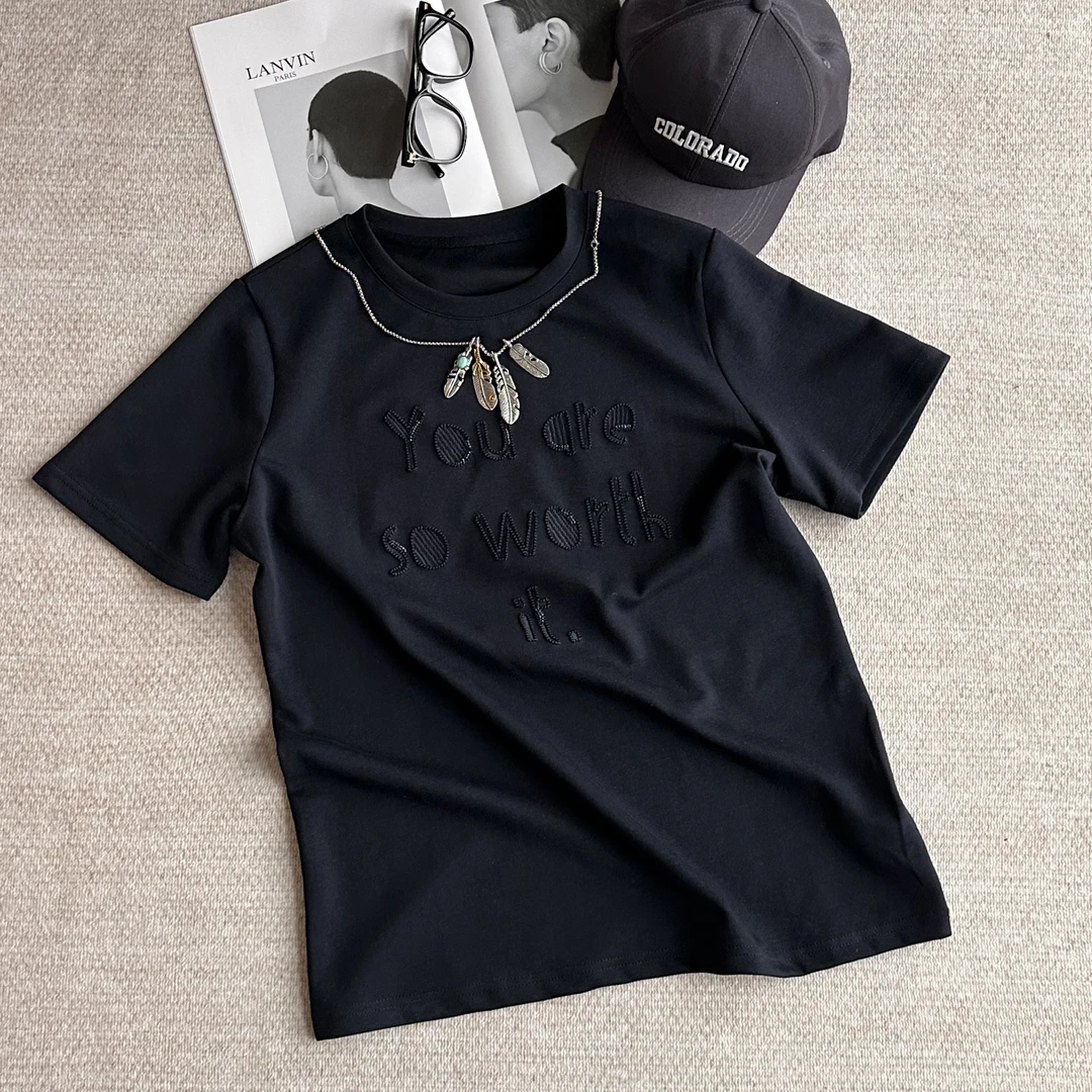 美式休闲简约字母刺绣宽松T恤 256 8355