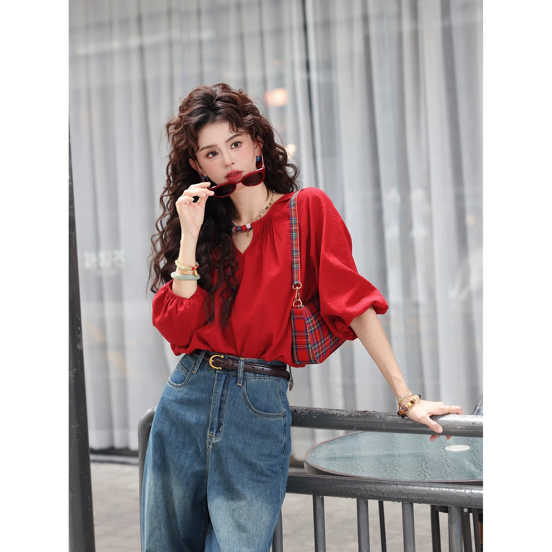 陈大器【初夏舞会】港风复古串珠夏季短袖纯色T恤休闲上衣JP1666703