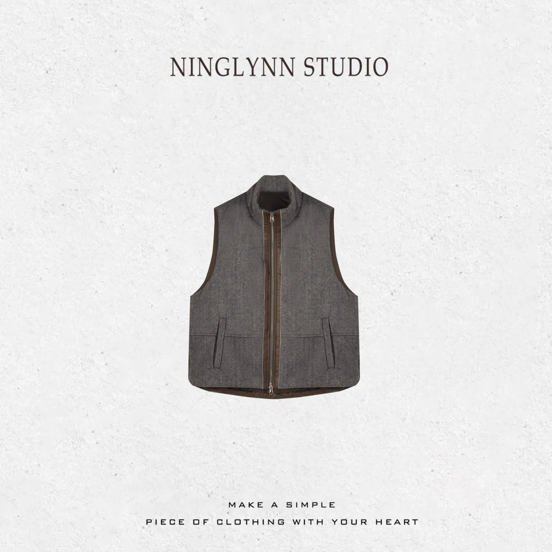 常规款女拉链马夹直毛圆领皮马甲休闲纯色上衣简约360186