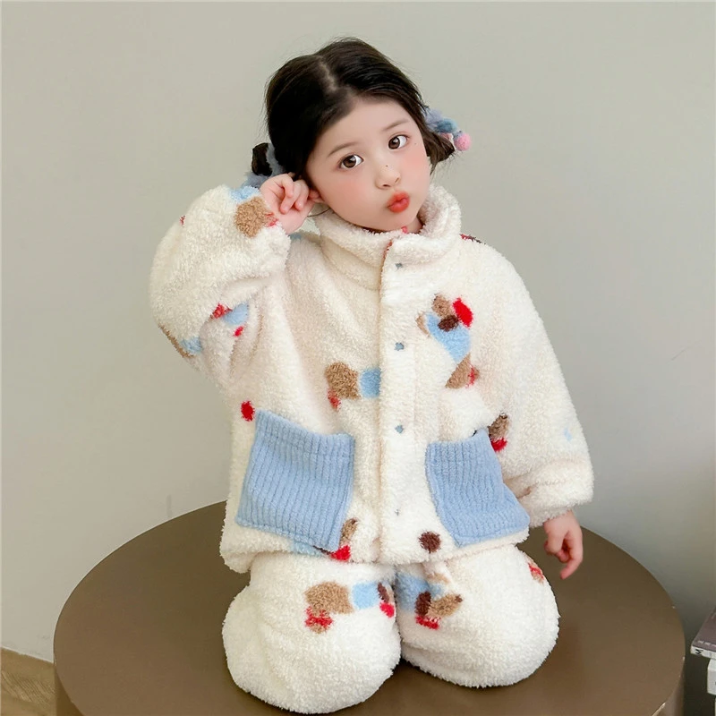 女童睡衣秋冬季奥粒绒立领开衫加厚2025新款儿童家居服套装宝宝女