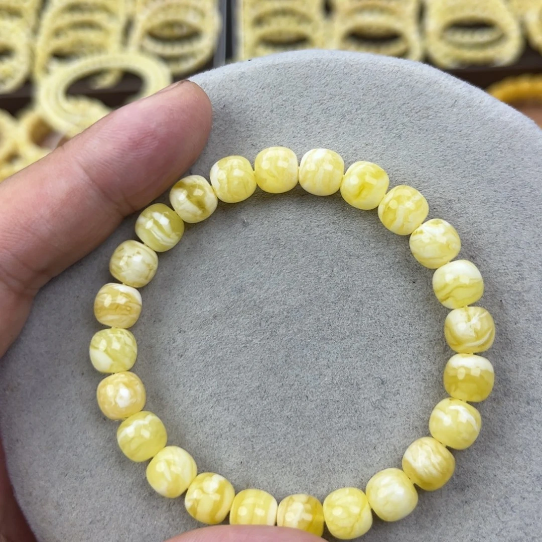 朴***平蜜蜡未镶嵌手串纯天然俄料白花虎皮极限弧高桩8.5*8