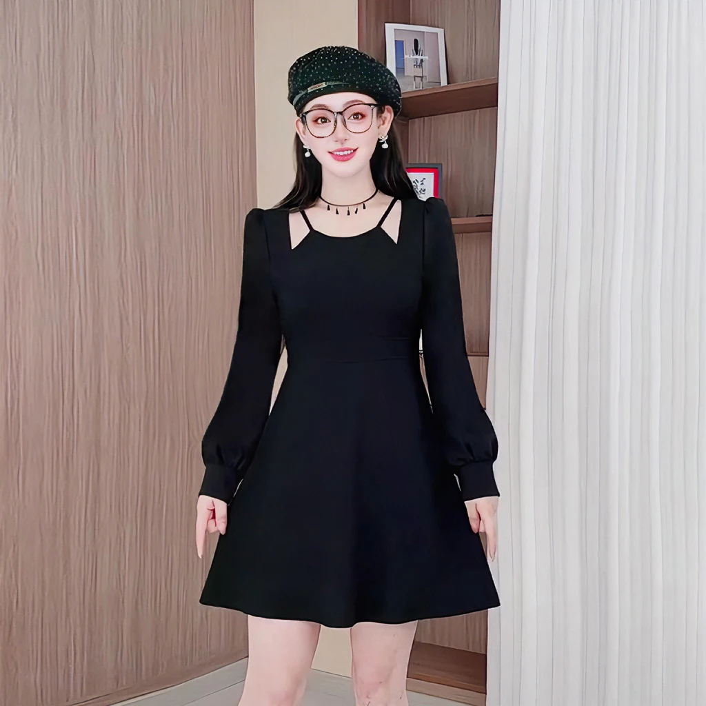 3734秋冬复古轻奢气质赫本风连衣裙遮肉显瘦收腰大码女装打底裙