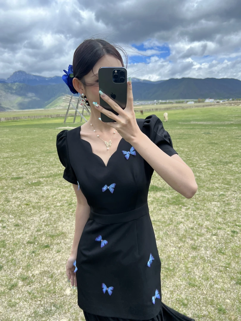 2025年新款新中式黑色旗袍女夏装国风显瘦蝴蝶裙B0082