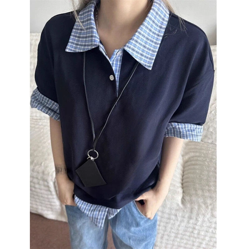 藏青色拼接格子短袖polo衫男款夏季日系少年感假两件miu系T恤半袖