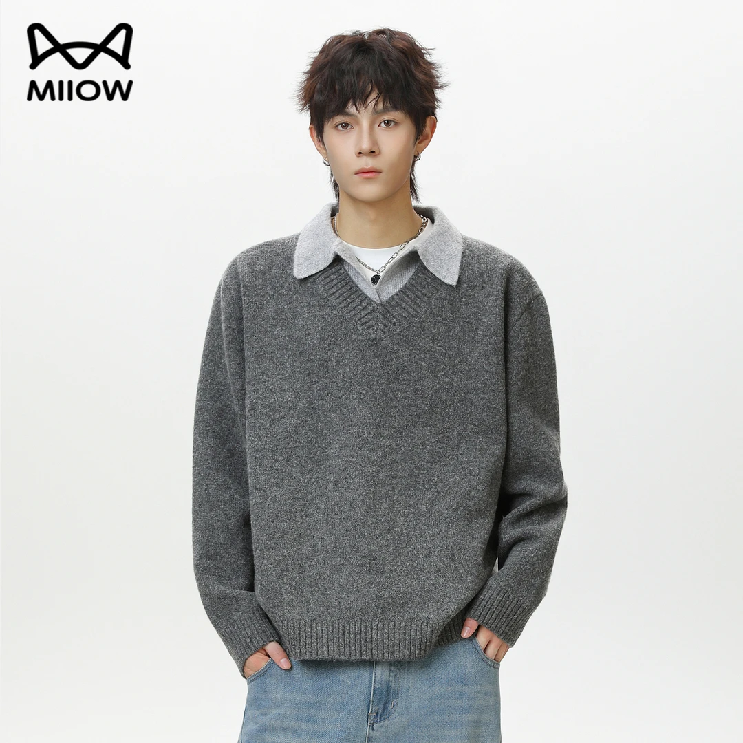 猫人秋季假两件翻领毛衣男2025新款慵懒风内搭V领宽松针织衫上衣