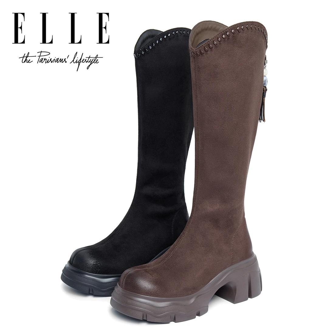 ELLE串珠流苏后拉链长筒靴女2025新款复古百搭粗跟显瘦高筒骑士靴