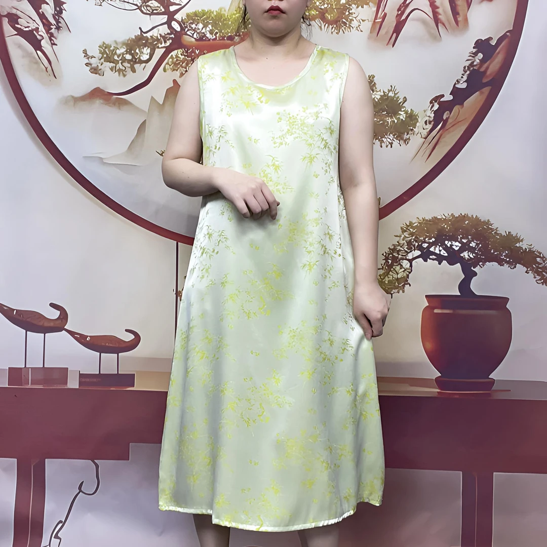 H19常规款无袖提花薄款圆领印染裙子夏季修身中式金色贵气背心裙
