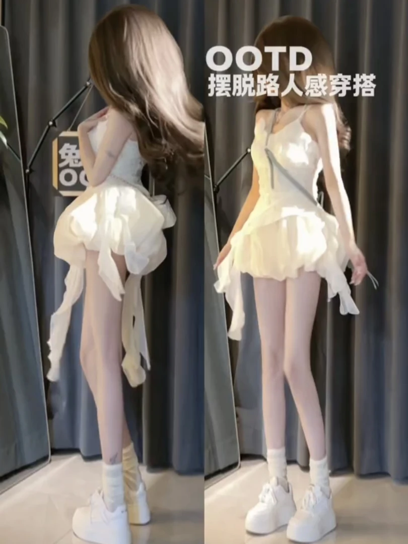 性感纯欲风不规则荷叶边吊带上衣女装夏季新款泡泡轻纱短裙两件套