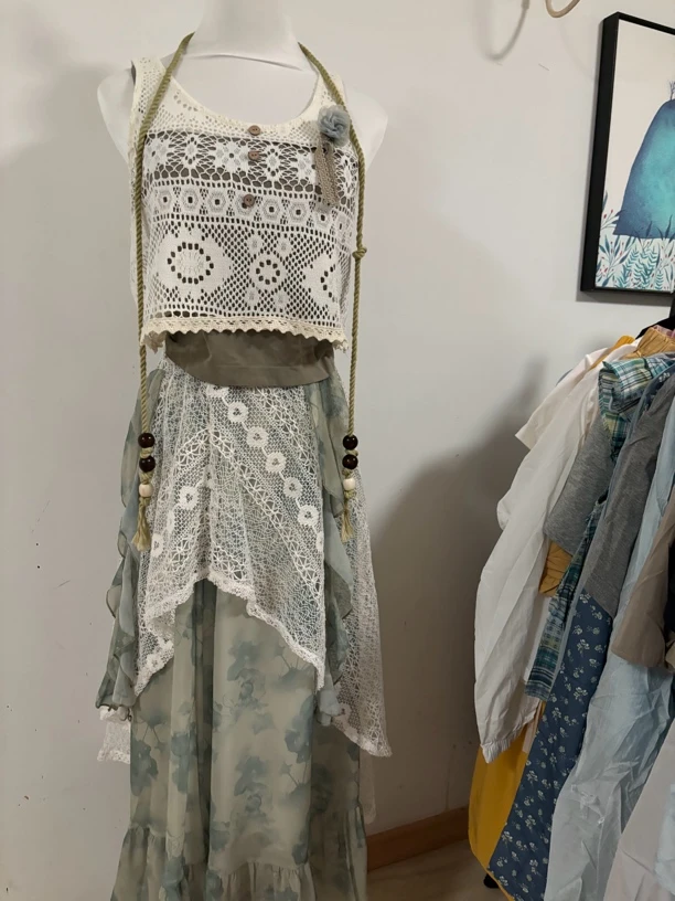 法式波西米亚风蕾丝拼接吊带背心搭配高腰半身裙夏季新款