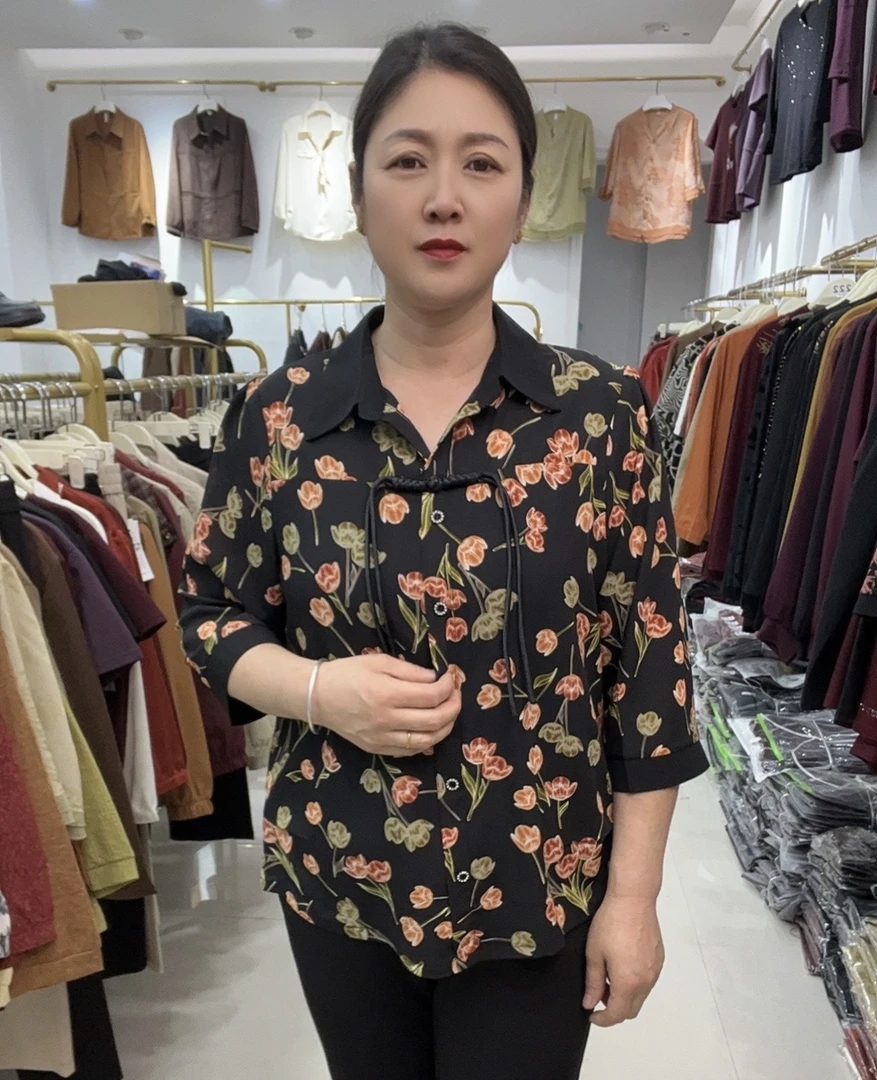 【丽人坊】碎花衬衣 妈妈国风七分袖 套头雪纺衬衫 时尚豹纹8866